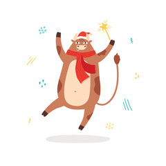 The male cow and bull holding a Sparkler candle in his paw. Animal holidays cartoon character. Vector