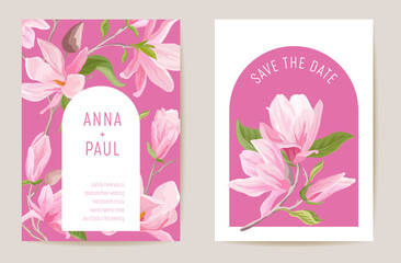 Wedding magnolia spring floral invitation, flower card. Watercolor minimal template vector