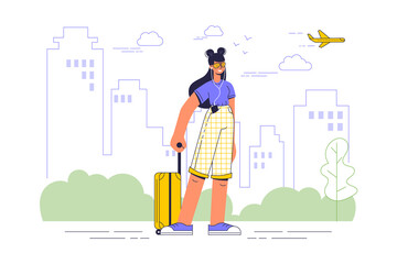 A girl with a suitcase stands on the background of the city. A young woman travels in the summer, goes on vacation, on business. Cartoon character isolated. Flat vector illustration.