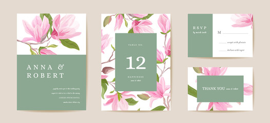 Boho wedding invitation card. Vintage Save the Date spring magnolia flowers, floral leaves template design