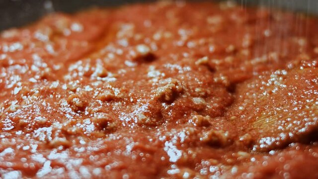 In a frying pan with vegetable oil fry minced meat, onions and carrots with tomato paste. Bolognese sauce. fried vegetables for soups, lasagna and different dishes. Home kitchen