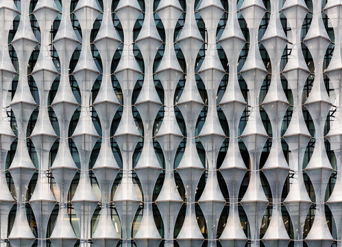 London, England: modern facade of the US Embassy in Nine Elms area designed by Kieran Timberlake architects