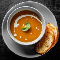 Pumpkin soup in bowl on Dark grey black slate background