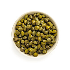 Pickled capers in a beige bowl isolated on white background. Marinated buds of caper bush. Mediterranean cuisine ingredient. Organic spices and seasonings for meat, fish and vegetables.