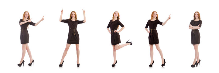 Fototapeta premium Woman pressing virtual button isolated on white