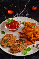 Masala chips on a white plate with tomato sauce and cutlets, on a dark marble table.