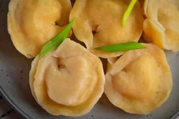 Dumplings sprinkled with green onions on a gray plate.