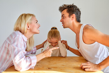 angry male show aggression at home, punishing humiliating wife and child girl, have quarrel, argue