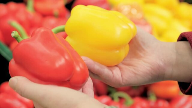 Women hands with red and yellow paprika in their hands. A woman in the store chooses vegetables. The concept of vegetarianism and healthy eating
