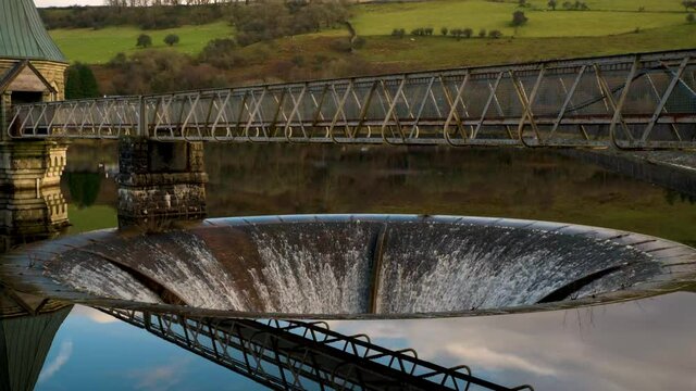 Pontsticill Reservoir with Bell-mouth spillway and valve tower, South Wales, United Kingdom