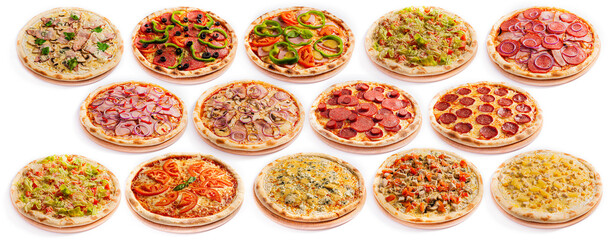 Set pizza assorted ingredients isolated on white background. Round shape pizza thin dough on a...