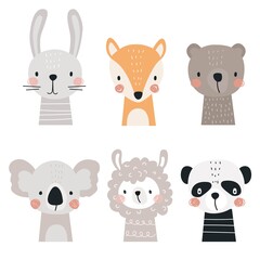 Set with forest and exotic animals hare, Fox, bear, Koala, llama and Panda. Vector illustration in a modern cartoon style, for printing on packaging paper, postcard, poster, banner, clothing.