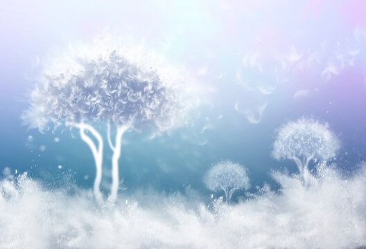 Fantasy, nature, paradise, sucking the soul, positive emotions, white trees, a fabulous atmosphere, gentle colors of blue and pink tones.