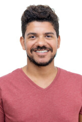 Passport photo of happy laughing latin american man with beard