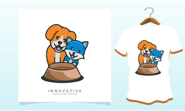 Dog and cat happy to eat t-shirt design.