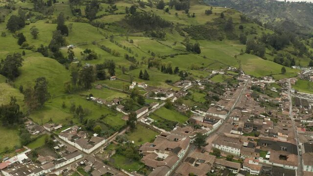 Andean mountain village El Cocuy in the Colombian Andes, aerial drone flight view