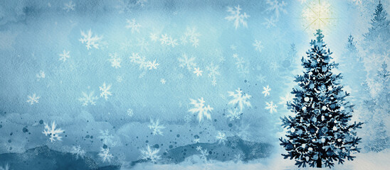 Christmas background with christmas tree. Watercolor.