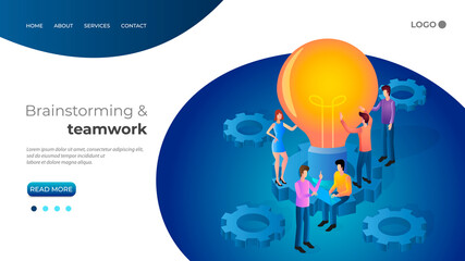 Brainstorming and teamwork.Geometric vector image of people next to a light bulb.Concept of searching for ideas and developing new technologies.3D image.The template of the landing page.