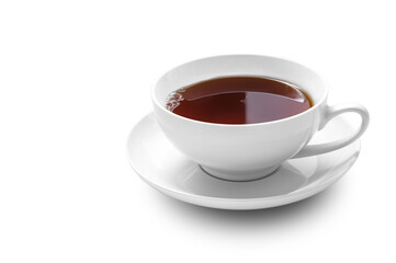 A Cup of tea on a saucer on a white isolated background. Copy space.