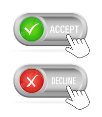 Green and red accept decline button. Abstract web template with red accept decline on white background. Isolated vector illustration.