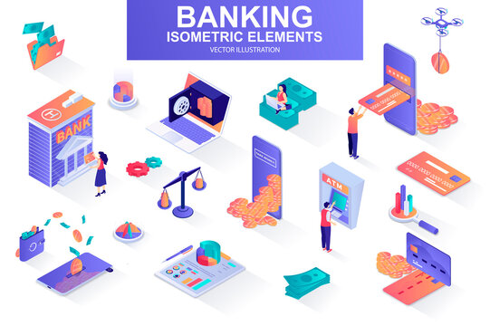 Banking Services Bundle Of Isometric Elements. Digital Wallet, Bank Building, Credit Card, Mobile App, Atm Terminal, Payment Isolated Icons. Isometric Vector Illustration Kit With People Characters.