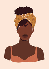 Afro woman portrait with stylish haircut. Black girl with turban on the head.