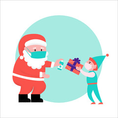 Santa Claus and little elf sanitize a gift box. Elf helps to disinfect a Christmas gift to Santa
