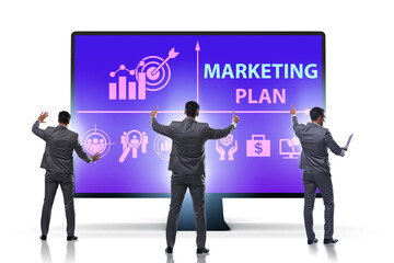 Marketing concept illustration with businessman pressing button