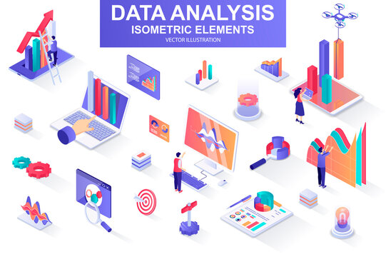 Data analysis bundle of isometric elements. Growing chart, business infographics, research tools, analytic data, financial index isolated icons. Isometric vector illustration kit with people character
