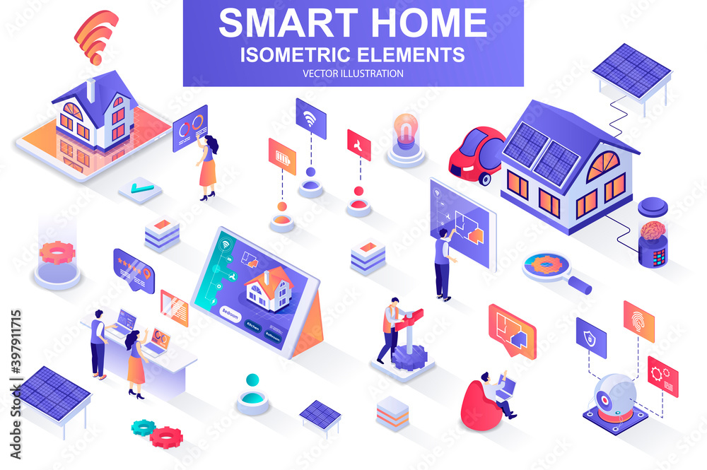Poster smart home bundle of isometric elements. solar power generation, air conditioning, automation, contr