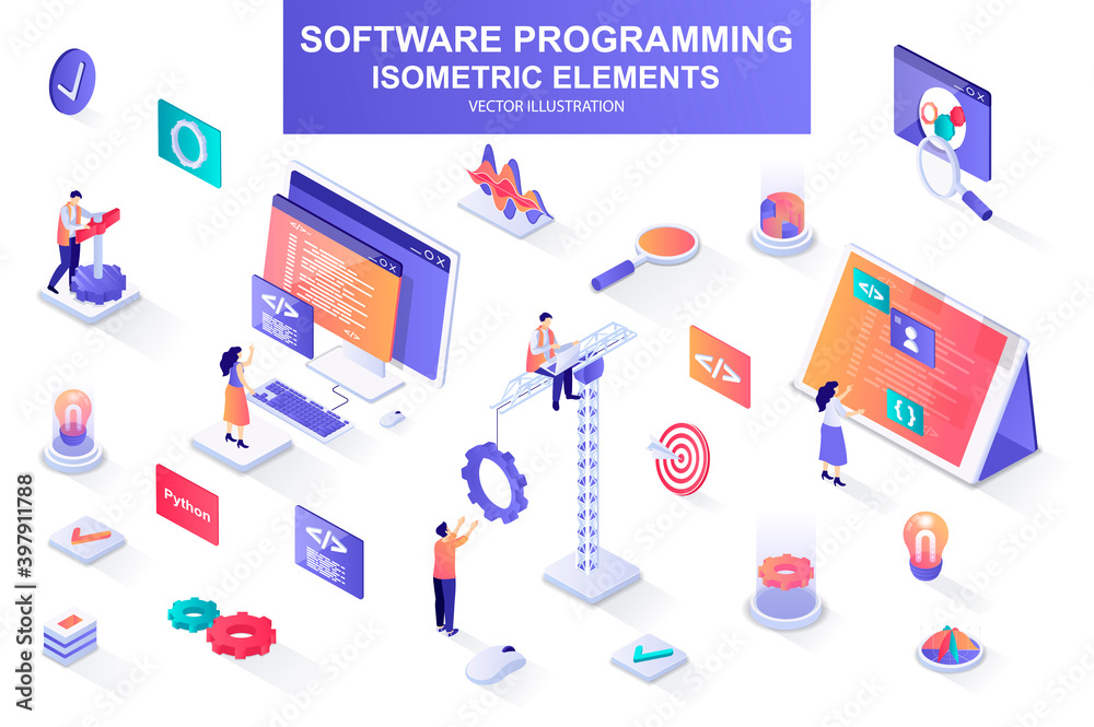 Leinwandbilder Software programming bundle of isometric elements. Program languages, developer, software engineering, back end development isolated icons. Isometric vector illustration kit with people characters.