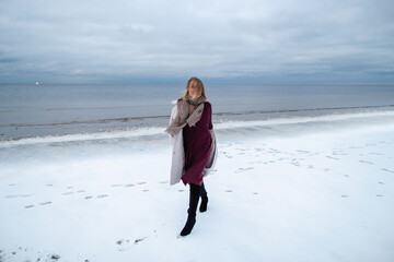 Smiling girl in the burgundy dress and coat on the background of the winter sea. Portrait of a woman on sea, snow windy weather, cold atmospheric image.