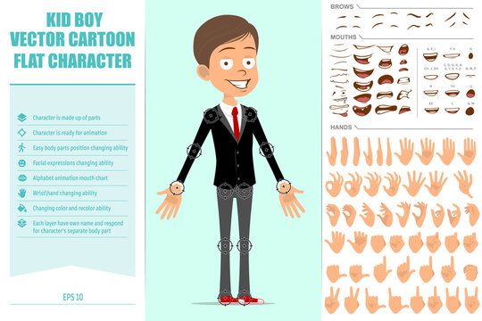 Cartoon flat funny business kid boy character in black jacket with red tie. Ready for animations. Face expressions, eyes, brows, mouth and hands easy to edit. Isolated on blue background. Vector set.