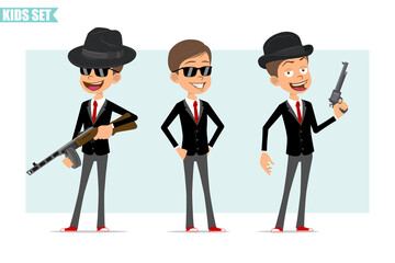 Cartoon flat funny business boy character in black jacket with red tie. Kid posing, holding retro automatic rifle and revolver. Ready for animation. Isolated on gray background. Vector set.