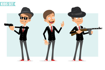 Cartoon flat funny business boy character in black jacket with red tie. Kid posing, shooting retro automatic rifle and pistol. Ready for animation. Isolated on gray background. Vector set.