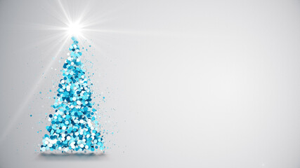 Merry Christmas holiday greeting card. Glowing Christmas tree from particulars