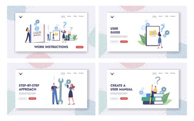 Obraz na płótnie Canvas User Manual Landing Page Template Set. People Read Book with Instructions for Equipment. Characters with Office Stuff