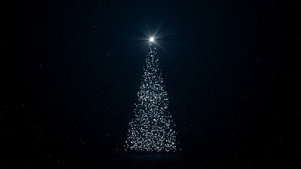 Merry Christmas holiday greeting card. Glowing Christmas tree from particulars