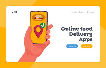 Fast Courier Service Landing Page Template. Food Delivery App in Mobile Phone. Restaurant Order, Hand Hold Smartphone