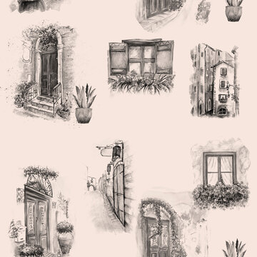 Watercolor seamless pattern of old building. 