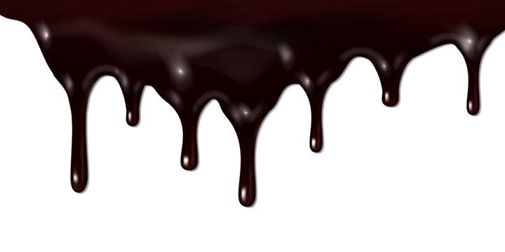 Melted dark chocolate dripping isolated on white background. Vector 3d realistic illustration of liquid cocoa cream flowing. Pouring chocolate drip from cake top border design