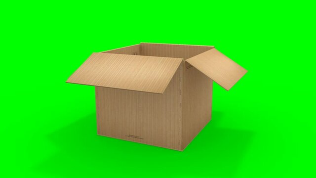 Big cardboard box opening - HD video 1920x1080 from 3d animation. Green screen backdrop for easy compositing into your own shots