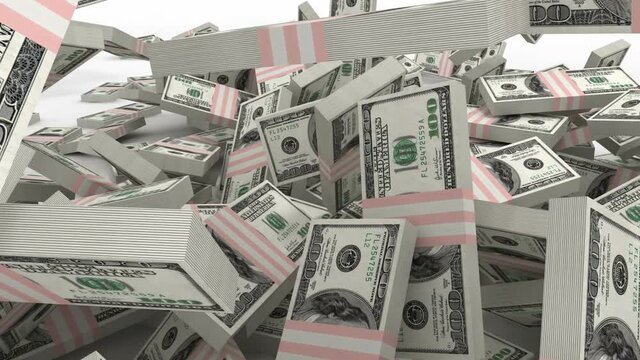 Falling dollars in packs. Business concept of lottery winning or jackpot fortune. 3d rendered currency animation