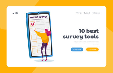 Obraz na płótnie Canvas Voters Questionnaire, Customers Feedback Landing Page Template. Tiny Female Character Filling Online Survey Form