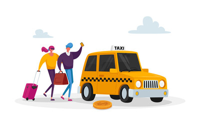 Young Couple Characters Waiting Taxi Car on Street. Transportation Service, Passenger Delivery, Destination. Yellow Cab