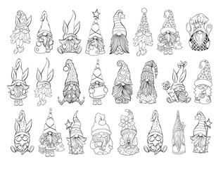 Gnomes Vector Bundle. Collection on Santa hat gnomes, Easter and Valentines Day Gnomies. For adult coloring book and antistress pages. Handdrawn characters set