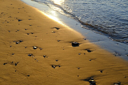 Some small stones on the beach. Mesquer a small city.