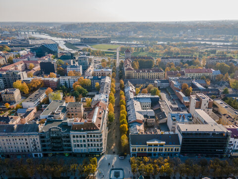 Aerial View Of Daukantas Street In Kaunas, Heading To Zalgiris Arena