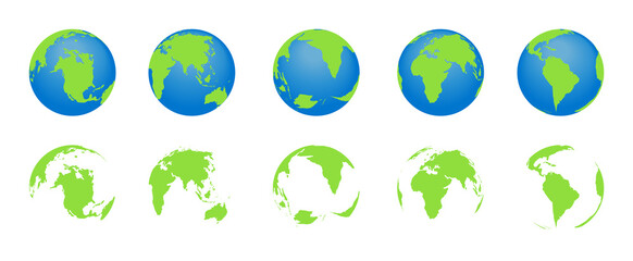 Globe earth with map world. Icons of planets. Europe, america, africa, asia, australia continents. Global spheres isolated on white background. 3d graphic silhouettes. Set of earth for travel. Vector