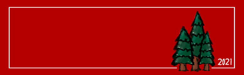 2021 Year poster template with red background, christmas trees and text in a white square. Festive header design. Merry Christmas flyer template. Happy new year concept illustration banner.